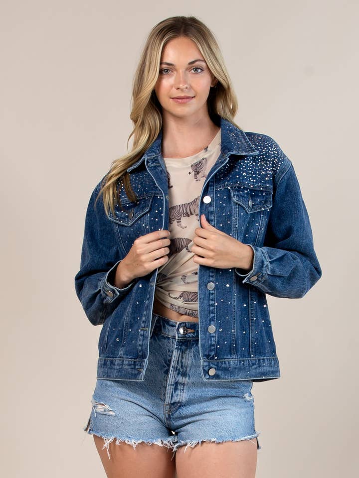 63003-Casaco Pedrinhas Denim Collared por atacado de Nylon Apparel