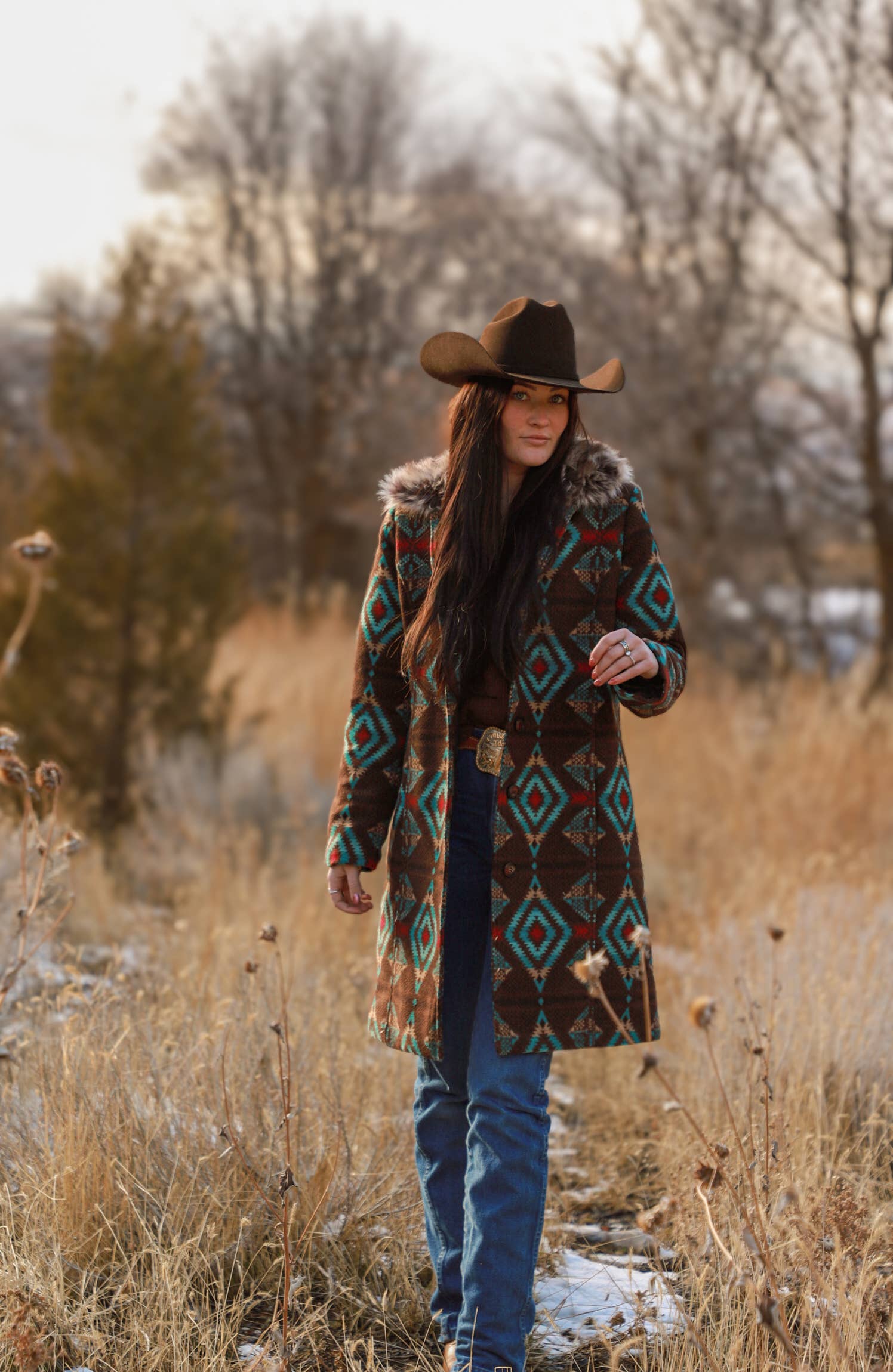 TURQ Ladies Long Aztec Jacket/ Coat with Removable Fur- L-25608 for wholesale on Faire7