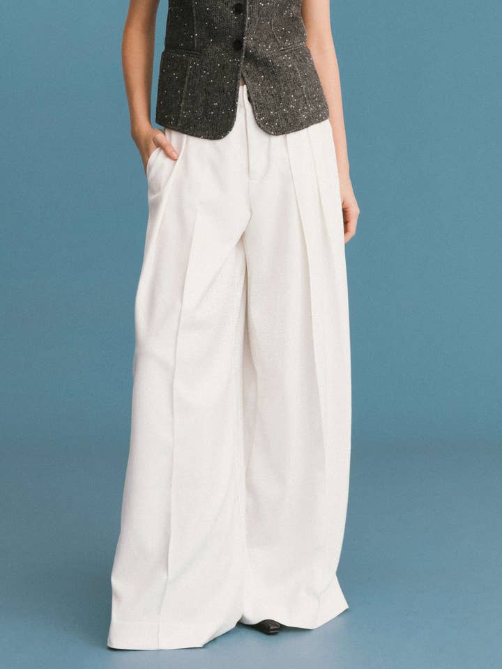 ONE BY CUBIC Pleated Wide Leg Wool Blend Trousers for wholesale by CUBIC