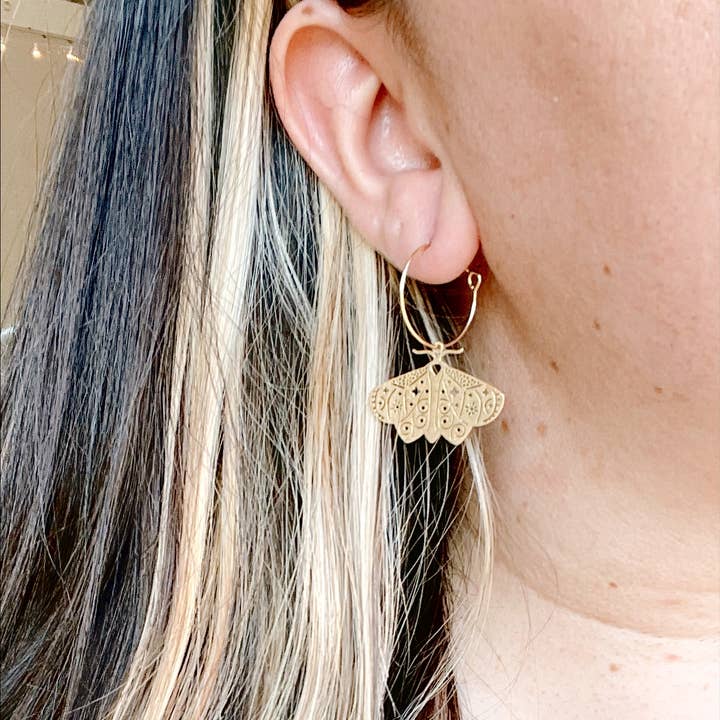 Golden Hour Designs - Wholesale Hoop Earrings - Gold Moth Hoop Earrings - Moth, Butterfly, Boho, Gold Hoops3
