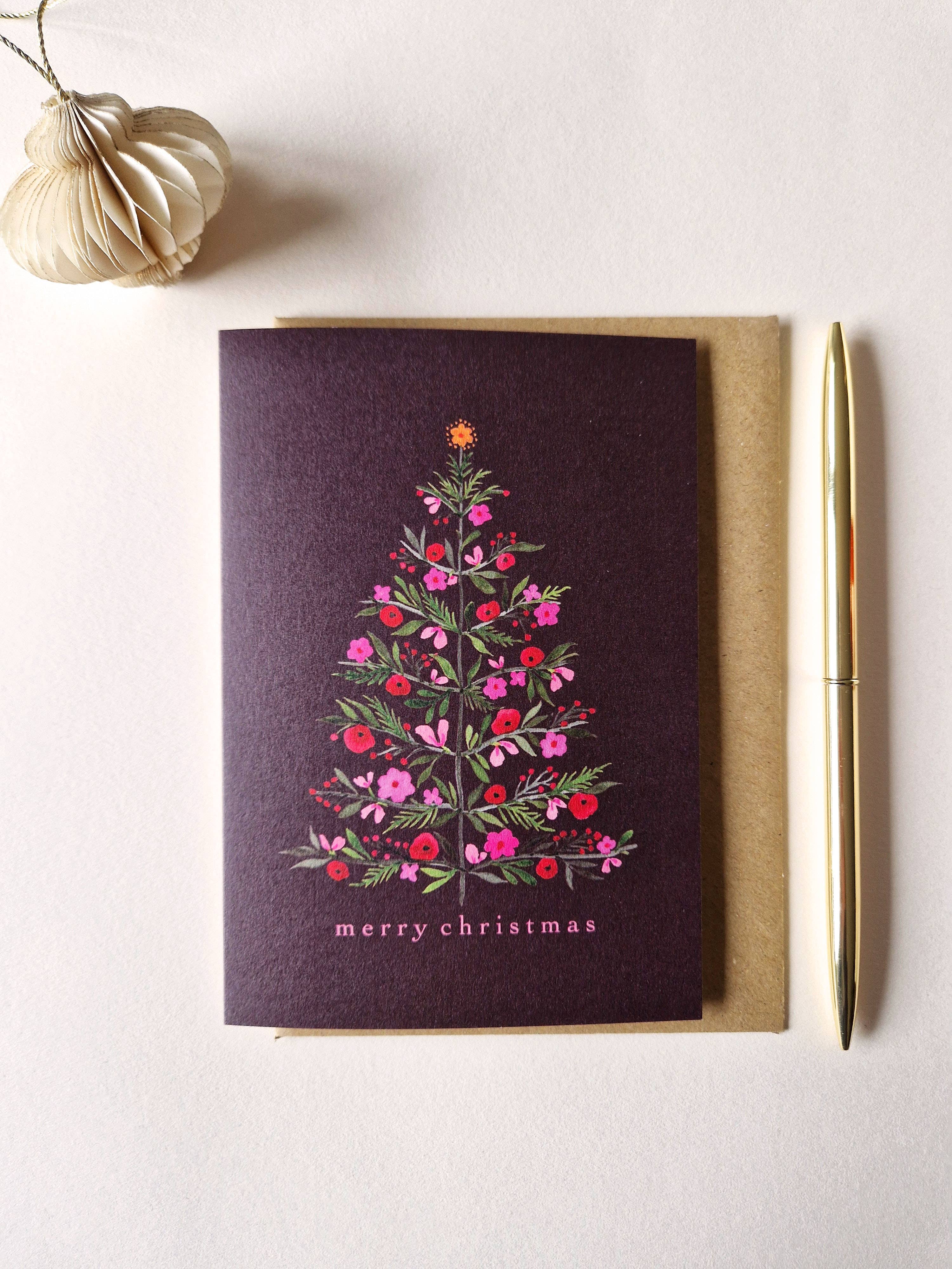Anna Lau Art - Wholesale Christmas Card - Floral Christmas Tree - Wine Red - A6 card1