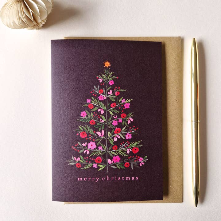 Anna Lau Art - Wholesale Christmas Card - Floral Christmas Tree - Wine Red - A6 card1