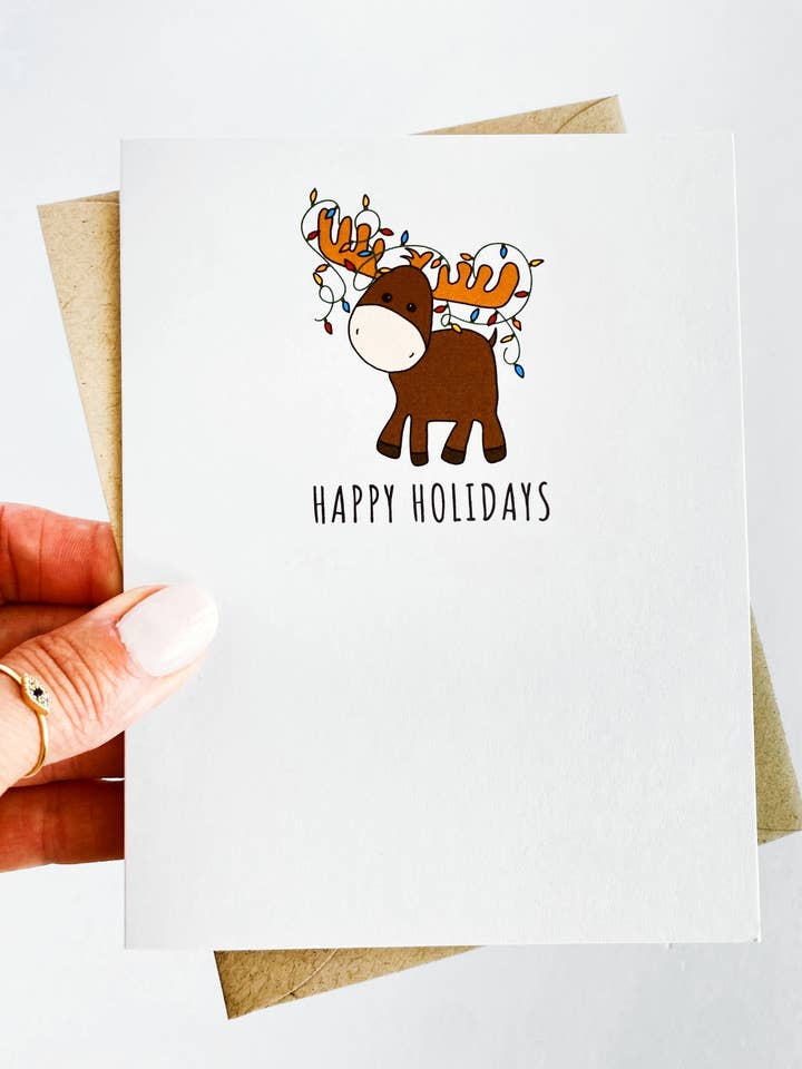 Festive Moose Tangled Lights Funny Holiday Greeting Card for wholesale by Five Dot Post