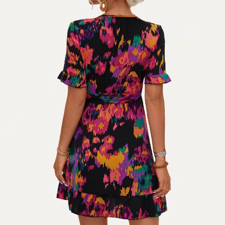 The Moment Collection - Wholesale Dress - Women's - Flirtly Print Surplice Neck Short Sleeve Wrap Mini Dress