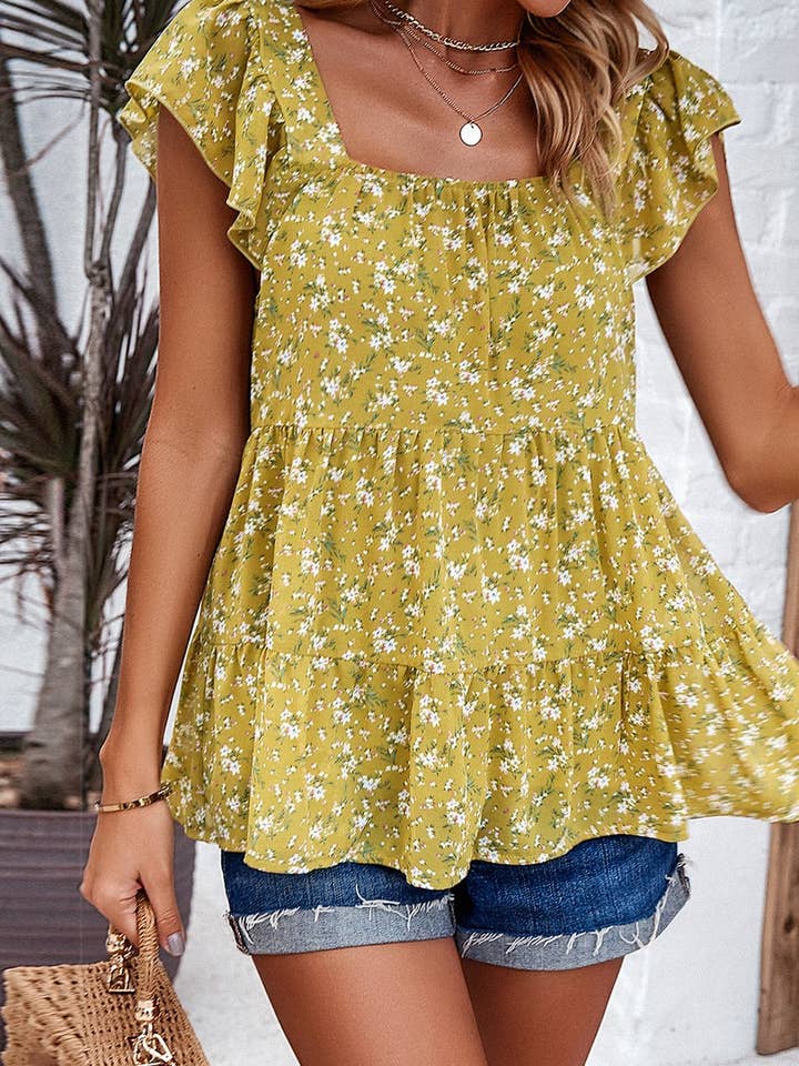 NINEXIS - Vente Chemisier – femme - CWTBLSL0056_Top à manches volantées à col carré3