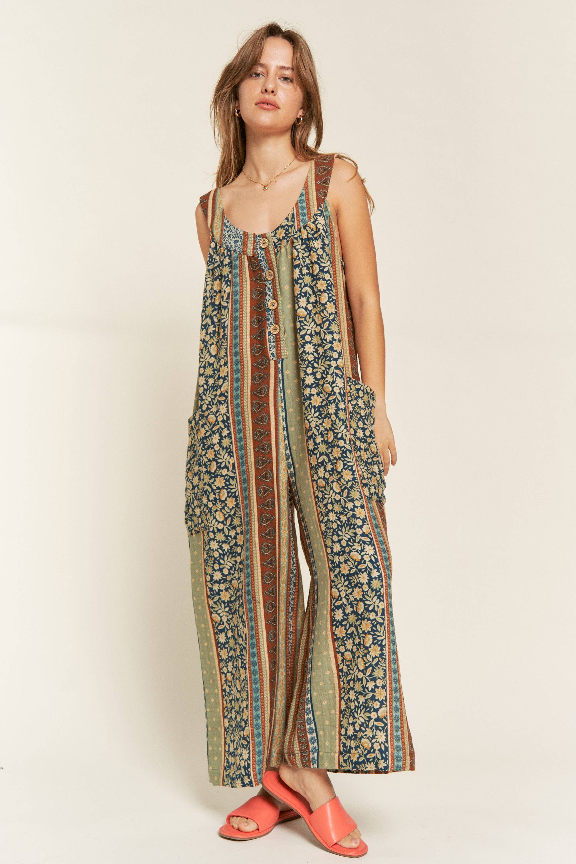 JADE BY JANE – Engroshandel Jumpsuit - Dame – ÆRMELØS FARVEBLOK BLOMSTERPRINT JUMPSUIT MED LIGE BEN8