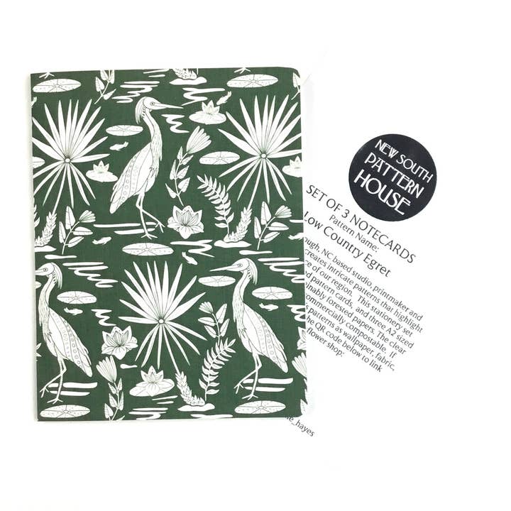 Low Country Egret, Moss Green- Notecard, Set of 3 for wholesale by New South Pattern House