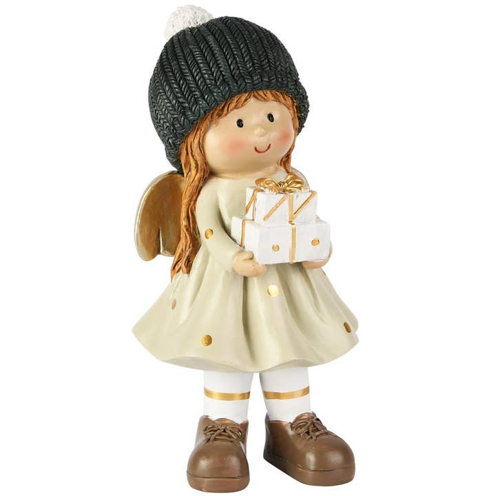 Angel standing w/presents, creme/gold, polyresin, 11x9x20cm for wholesale by Dekoratief