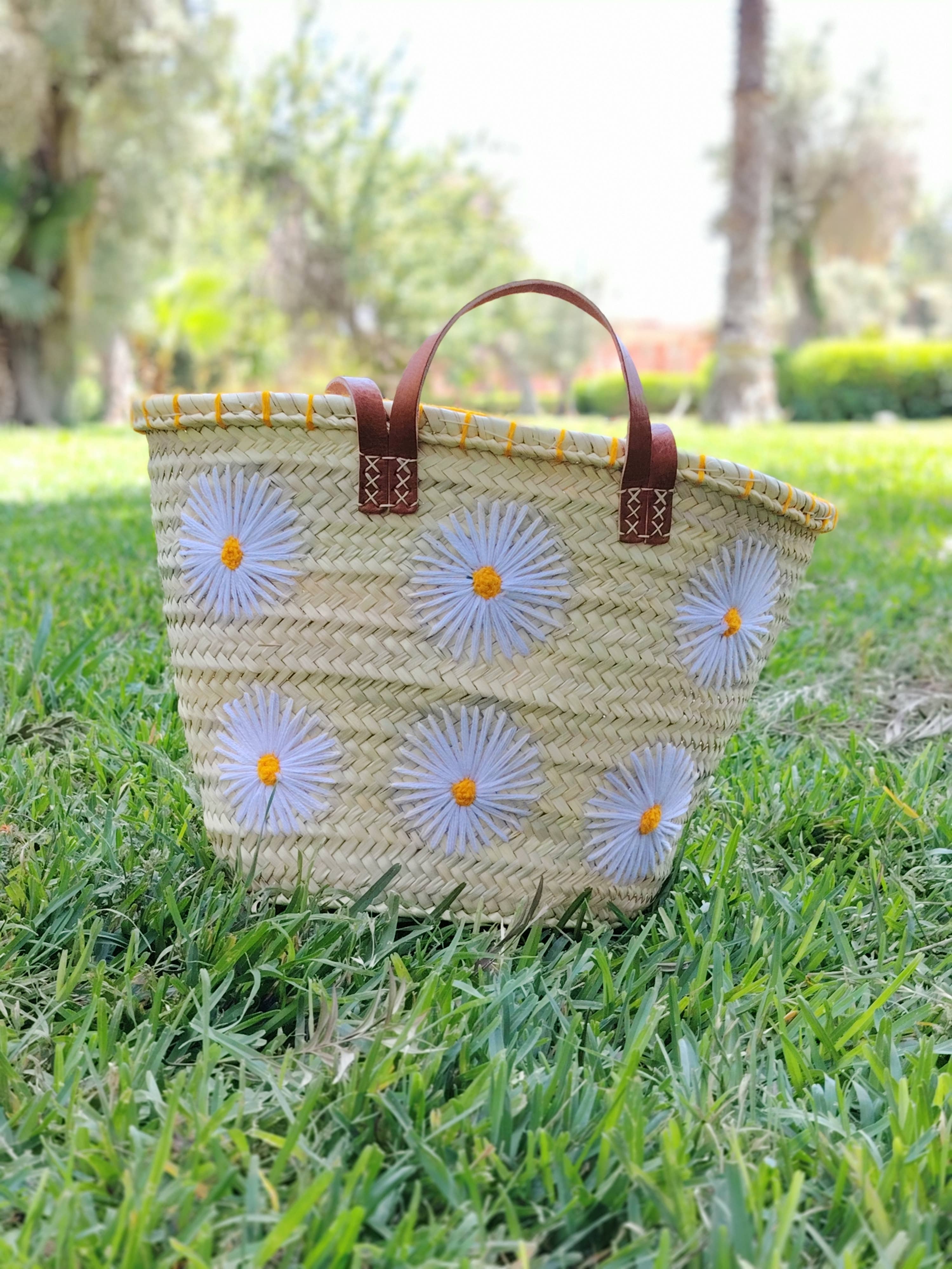 Twins Basket - Vente Sac de plage - Panier de marché en paille tressée à la main avec marguerites brodées15