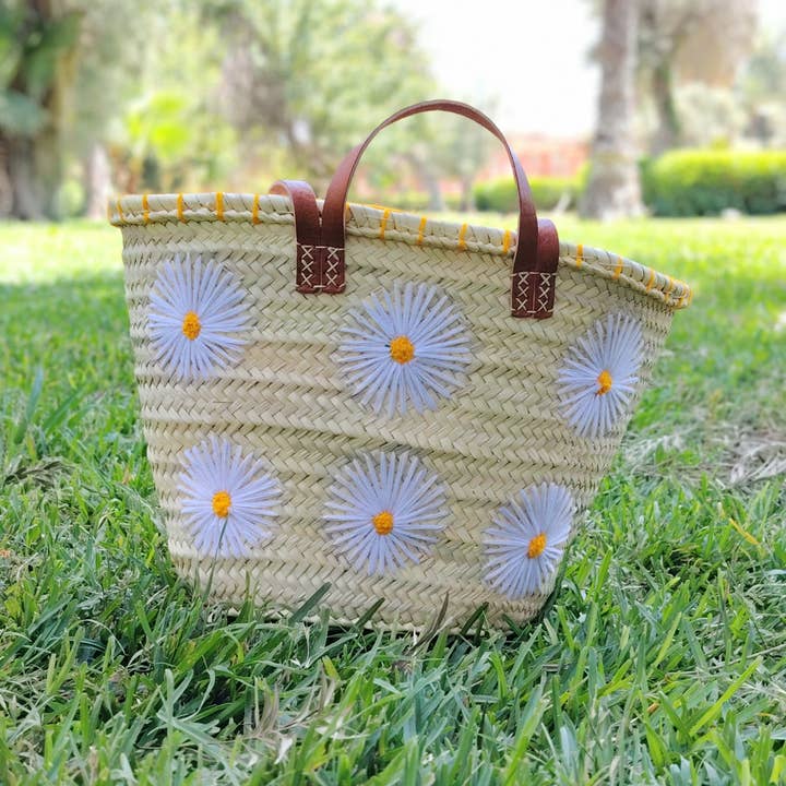 Twins Basket - Vente Sac de plage - Panier de marché en paille tressée à la main avec marguerites brodées15