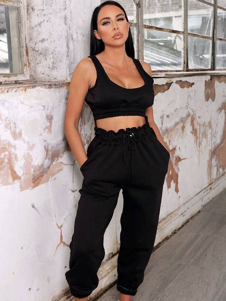Black Oversized Sleeveless Crop Top & Drawstring Waist Jogge for wholesale by Femme Luxe