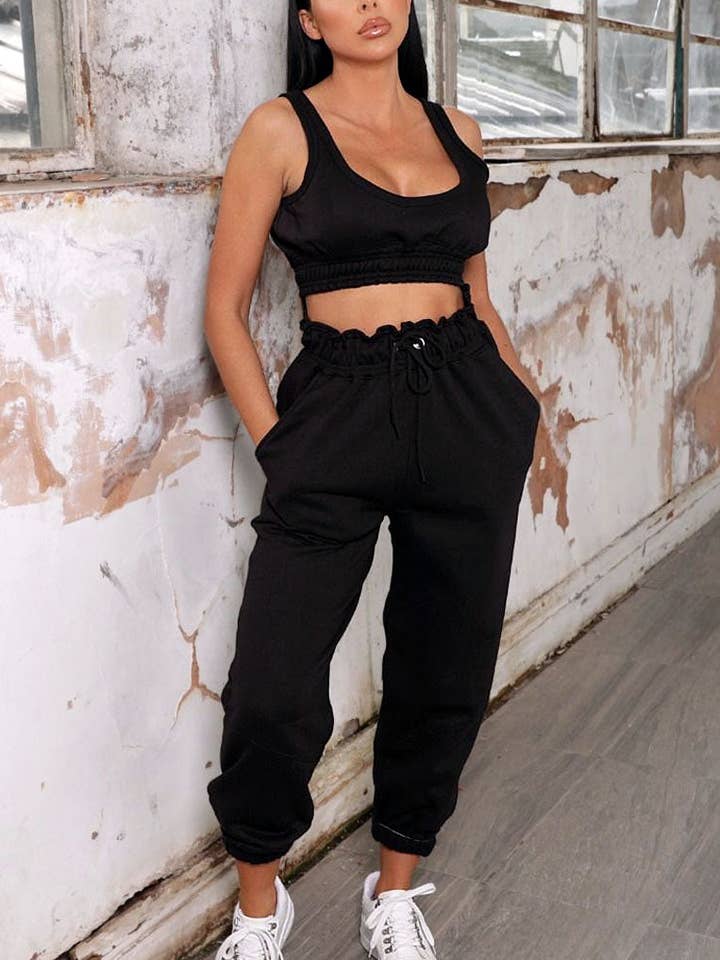 Schwarze, ärmellose Jogginghose in Übergröße mit Kordelzug an der Taille für den Großhandel von Femme Luxe