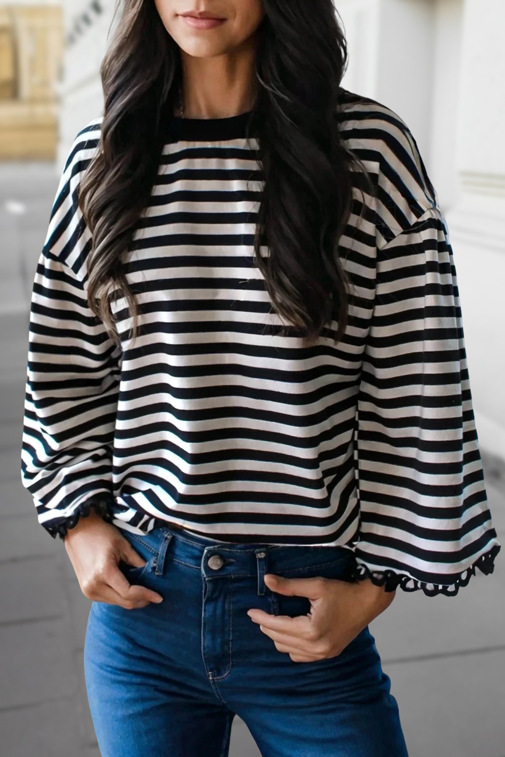 Aapparella - Wholesale Blouse - Women's - Stripe Ric Rac Trim 3/4 Sleeve Loose Top | S-XL0