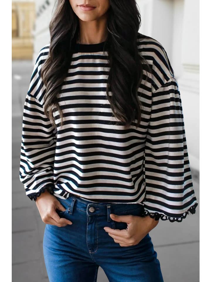 Aapparella - Wholesale Blouse - Women's - Stripe Ric Rac Trim 3/4 Sleeve Loose Top | S-XL