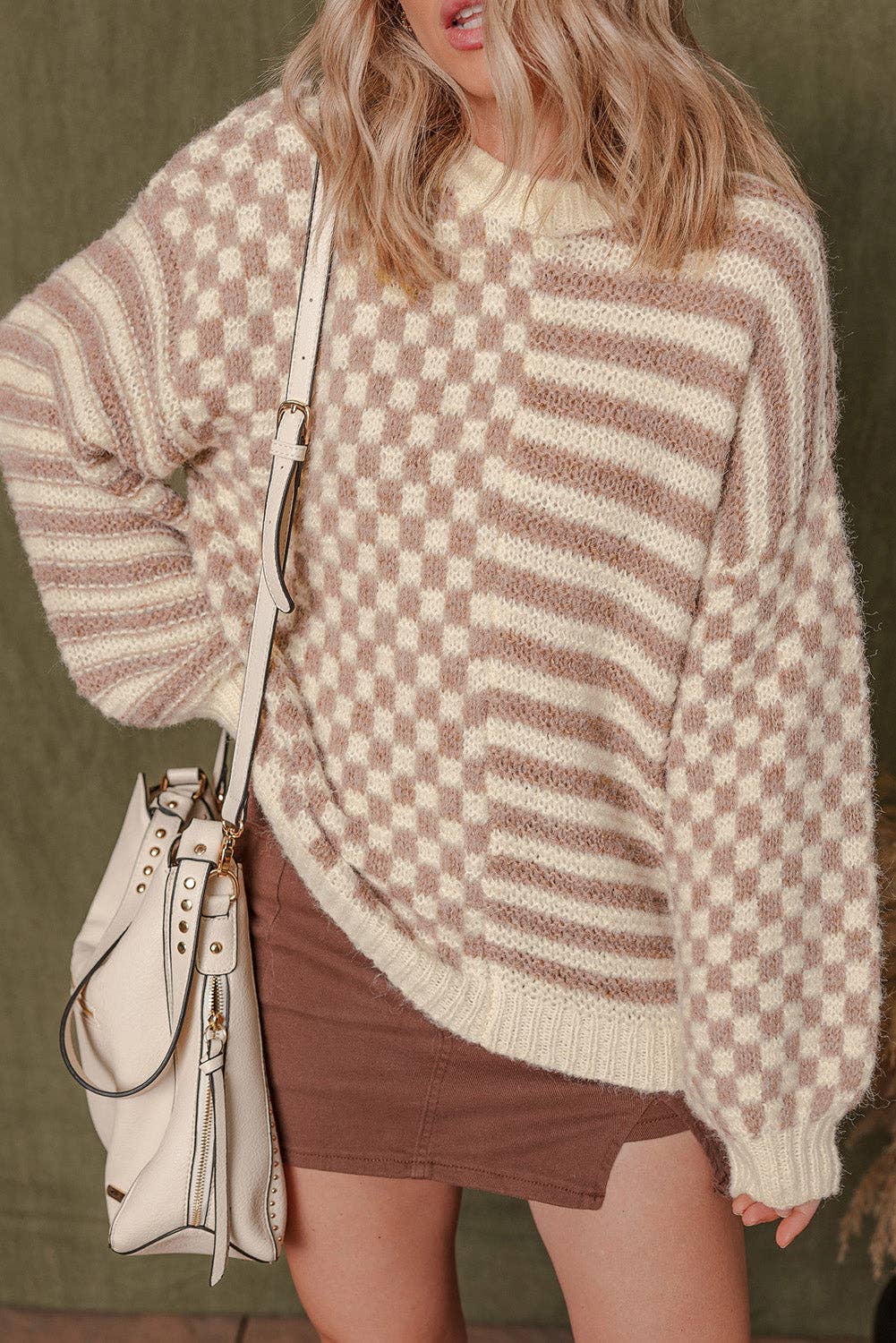 Khaki Stripe Sofia Shoulder Balloon Sleeve Sweater for wholesale on Faire4