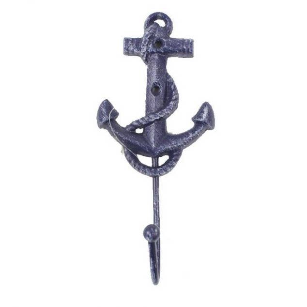 Rustic Dark Blue Cast Iron Anchor Hook 7" for wholesale by Hampton Nautical