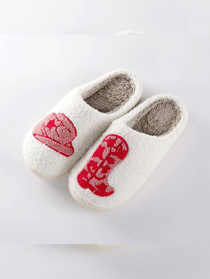 White Western Style Hat and Boots Fluffy Slippers MMD008 for wholesale on Faire