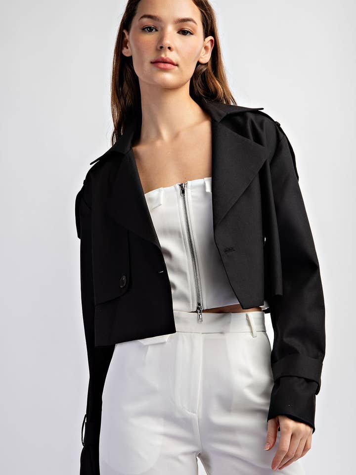 Woven Front Button Closure Cropped Trench Coat for wholesale by Edit by Nine