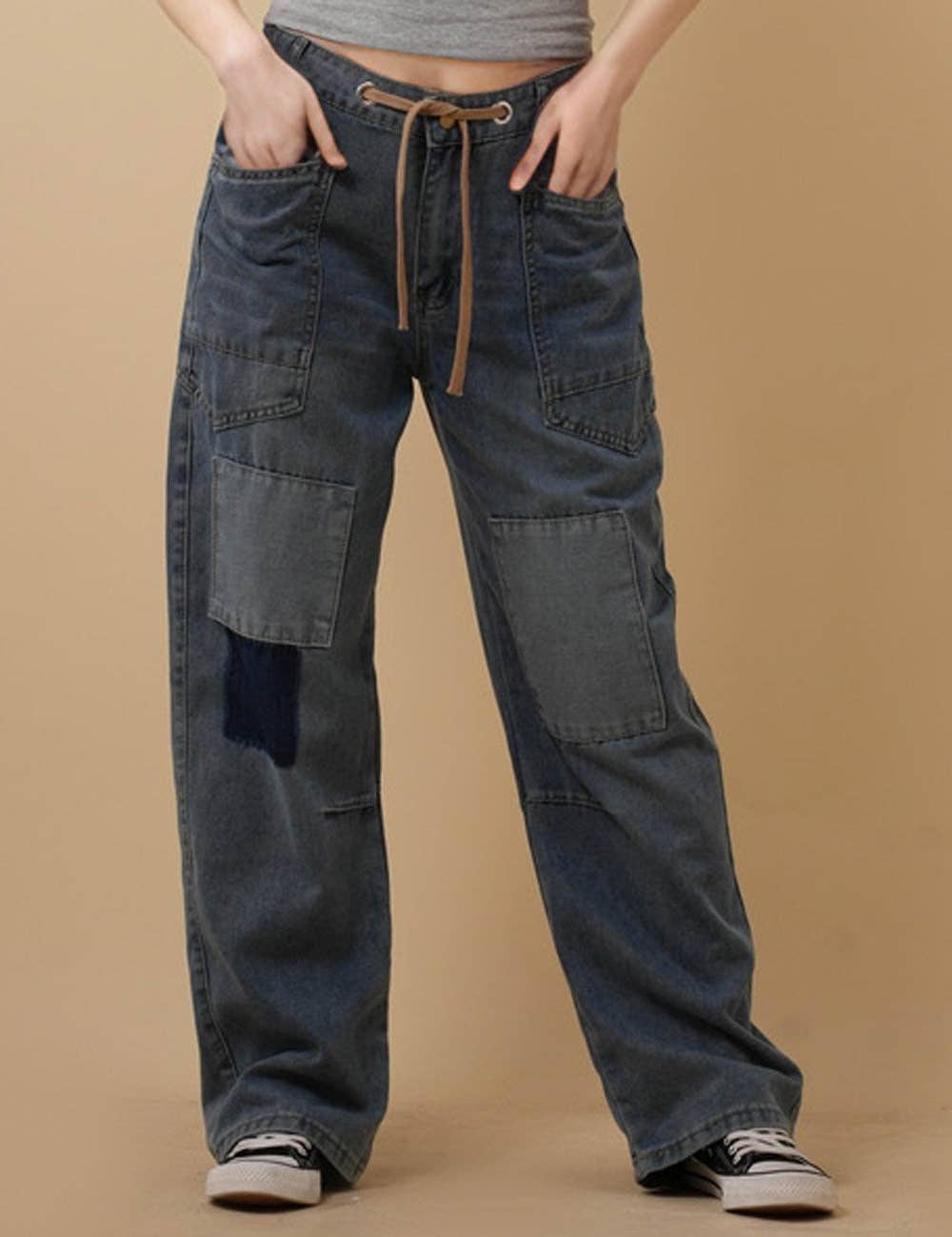 Blue Ladies String Tie Jeans Demin Splice Straight Leg Pants 8SKP50370 for wholesale on Faire0