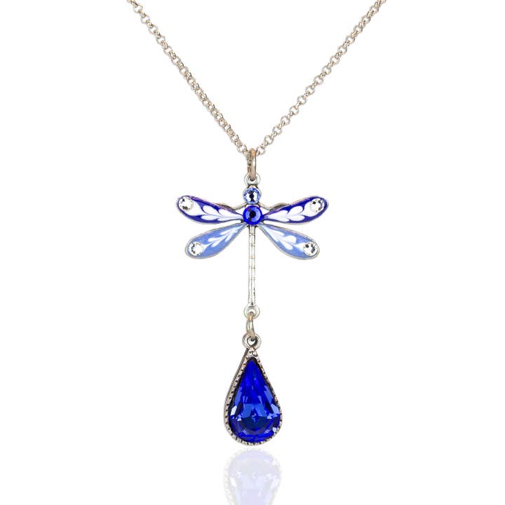 Blue and White Flowering Teardrop Crystal Dragonfly Necklace for wholesale by Anne Koplik Designs, Inc.