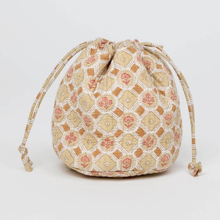 BOLSA DE JOYERÍA DE ALGODÓN IMPRESA A BLOQUE - FLOR DE PRIMAVERA OCRE para venta al por mayor de Craft Boat