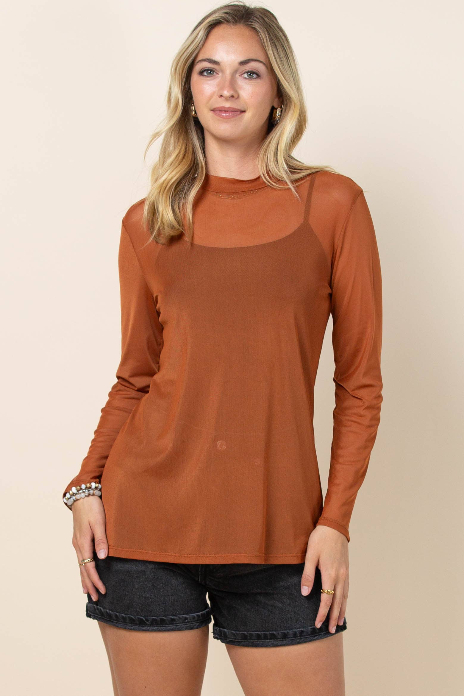 Cinnamon AV1230-CHASE SOLID SEMI SHEER MESH TOP for wholesale on Faire11