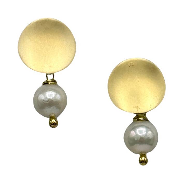 305-01-G | BRINCOS PENDENTES COM BOTÃO ESCOVADO MATE (OURO) por atacado de Girl With A Pearl