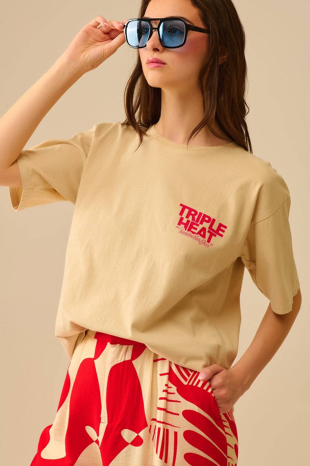 Beige relaxed fit Short Sleeve TRIPLE HEAT T-shirt for wholesale on Faire0