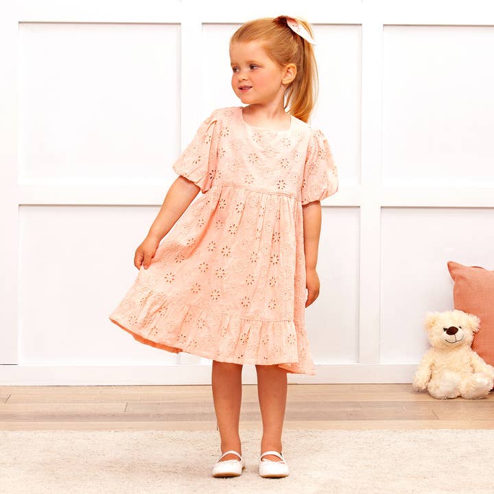 Tesa Babe - Wholesale Dress - Kids - Eleanor Pink Eyelet Puff Sleeve Dress