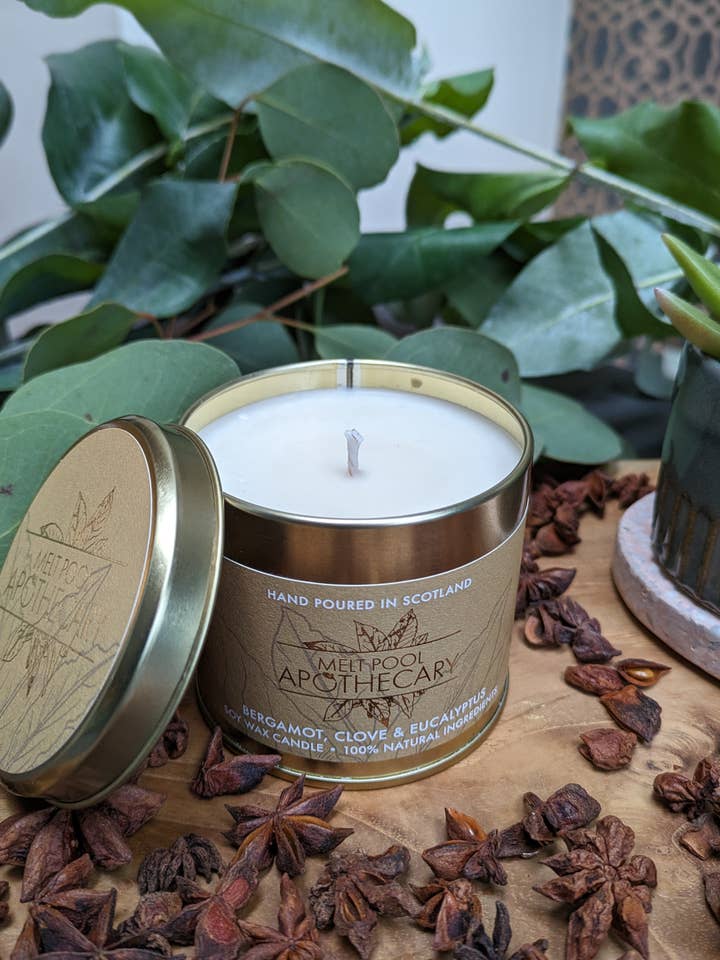 Large Gold Tin Candle - Bergamot, Clove & Eucalyptus for wholesale by The Melt Pool