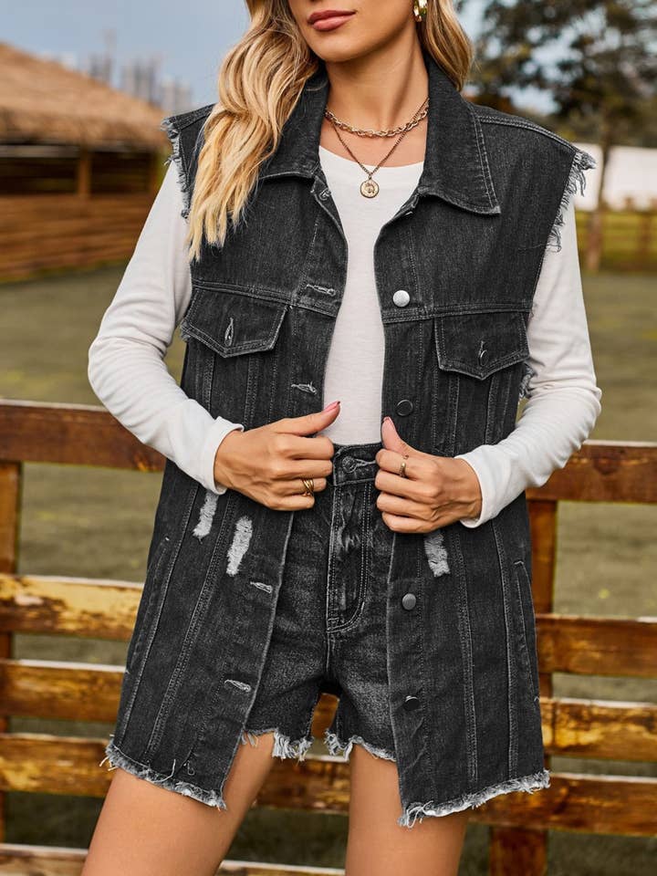 oversized boyfriend vintage wash ripped denim vest for wholesale by HIDDENBRAND