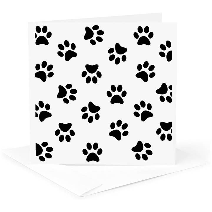 3dRose, Motif d'empreintes de pattes - empreintes noires sur fond blanc - empreintes mignonnes de dessin animé d'animaux comme chien ou chat, Carte de vœux pour la vente par 3dRose