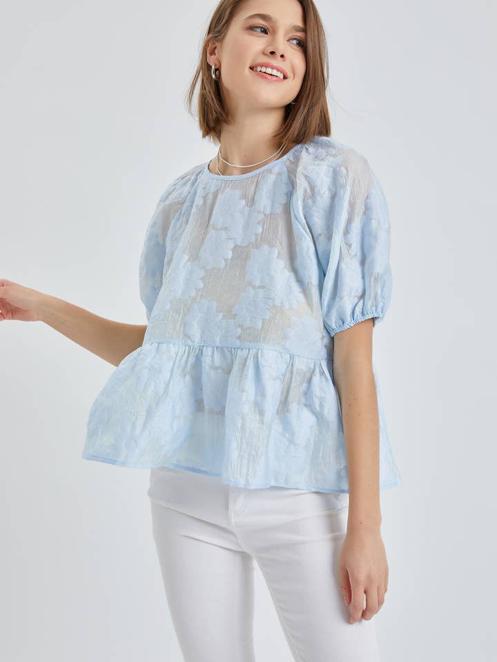 Puff Manga Curta Floral Top P00260 por atacado de Petal Dew
