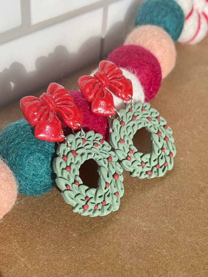Wreath bow Christmas dangle earrings for wholesale by She makes clay