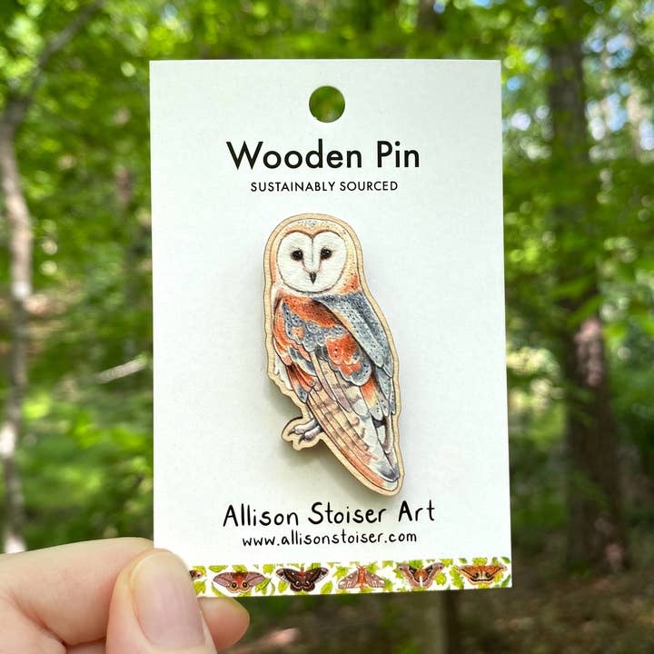 Barn Owl Wooden Pin (Sustainably Sourced) for wholesale by Allison Stoiser Art