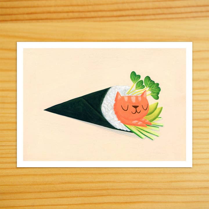 Salmon Handroll Cat - 5x7 Print for wholesale by Nellie Le