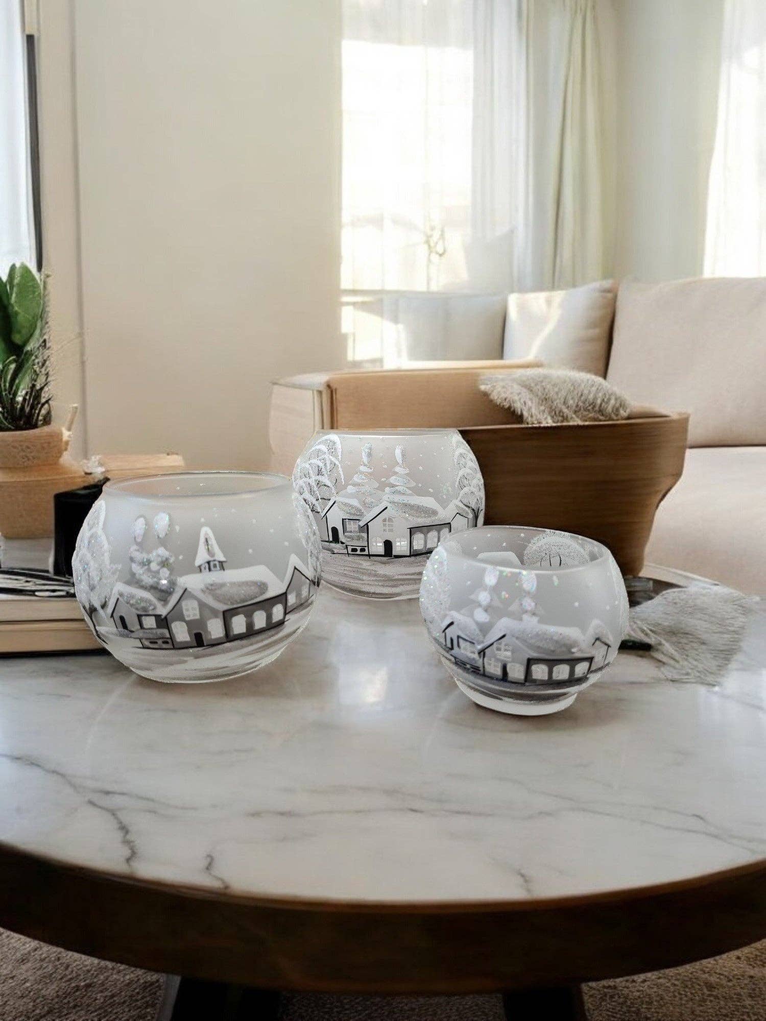 Glass by Iness - Wholesale Candle Holder - Small Frosted Glass Candle Holder, Hand Crafted in Ukraine, White Church Winter Wonderland, Wonderful Year Round4