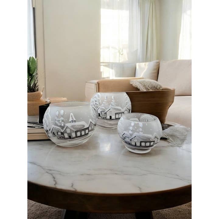 Glass by Iness - Wholesale Candle Holder - Small Frosted Glass Candle Holder, Hand Crafted in Ukraine, White Church Winter Wonderland, Wonderful Year Round4