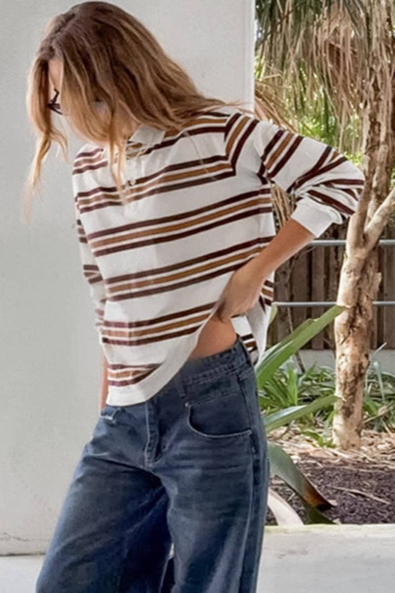 BROWN Striped Polo T-Shirt with Long Sleeves for wholesale on Faire2
