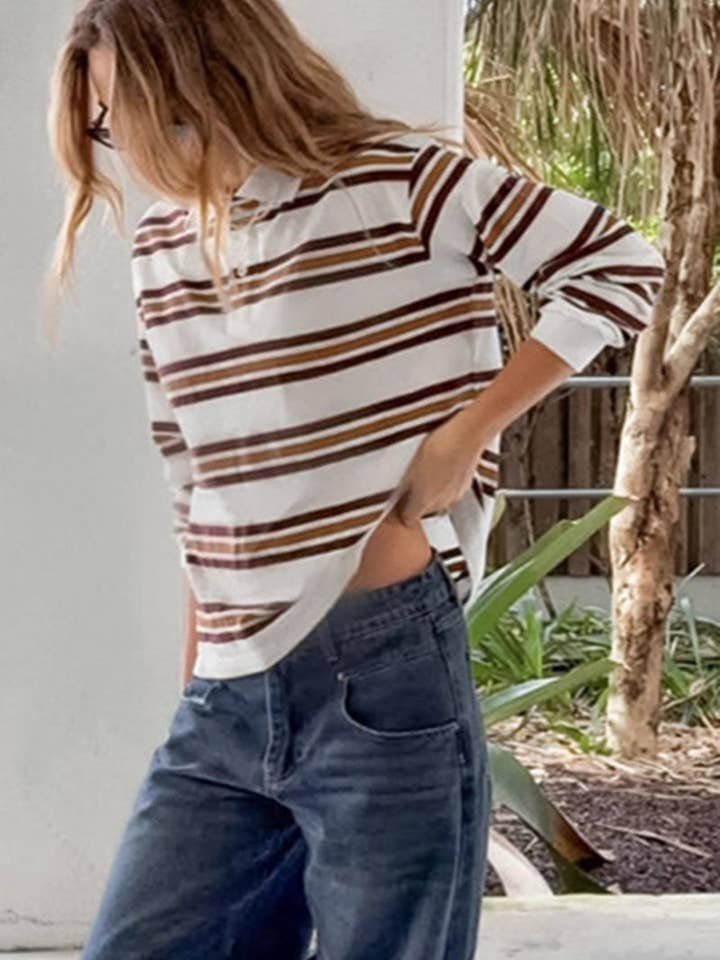 BROWN Striped Polo T-Shirt with Long Sleeves for wholesale on Faire2