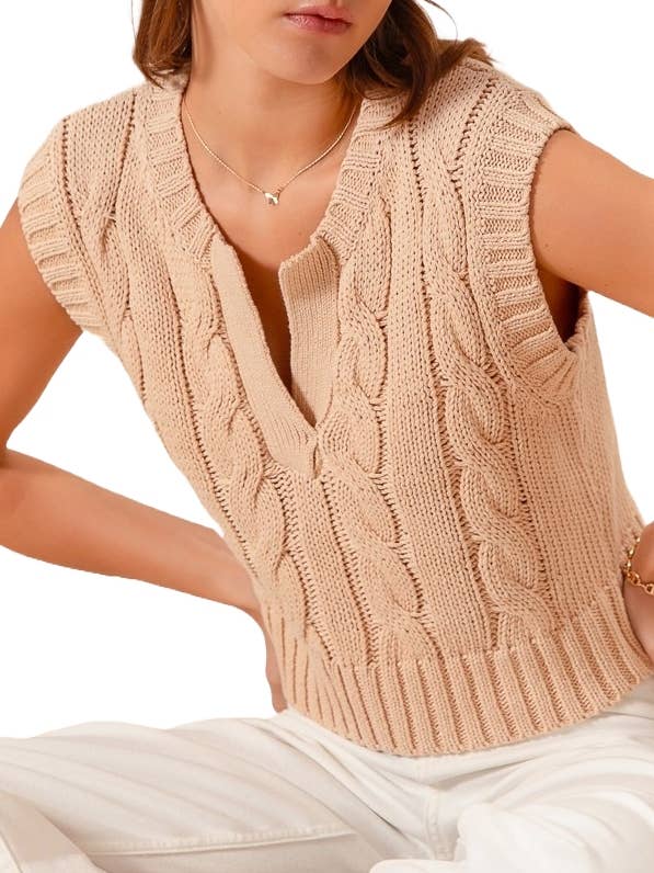 Notched Neck Cable Knit Sweater Vest for wholesale by Vanilla Monkey