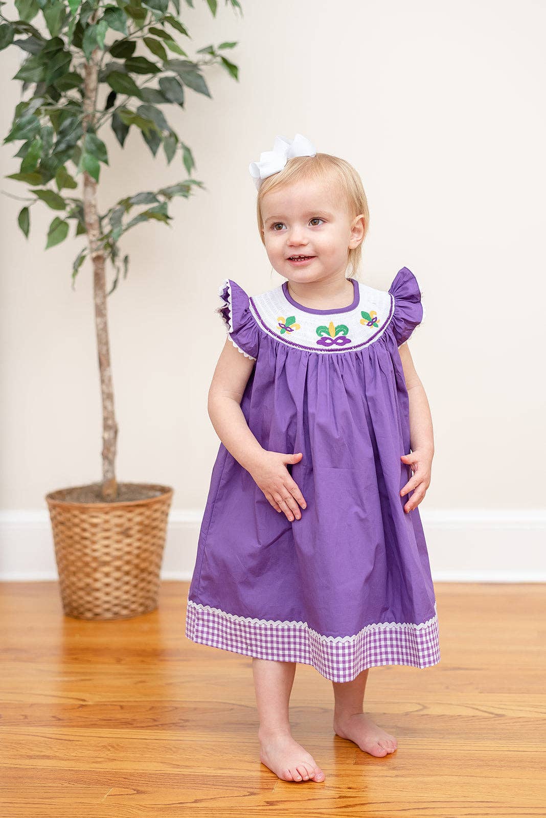 Lil Cactus - Wholesale Dress - Kids - Purple and Gingham Mardi Gras Smocked Bishop Dress2