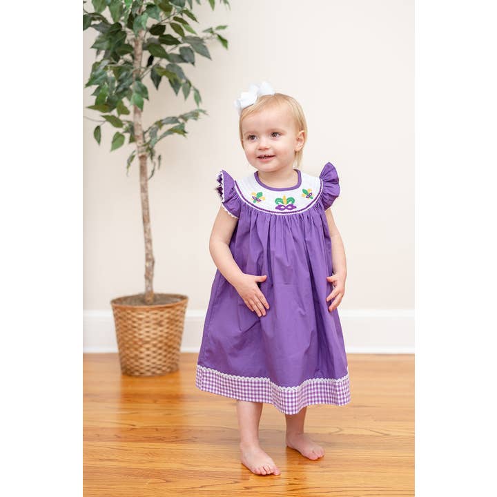 Lil Cactus - Wholesale Dress - Kids - Purple and Gingham Mardi Gras Smocked Bishop Dress2
