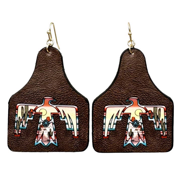 Thunderbird Print Ko Tag Form Læder Øreringe for engroshandel hos Lunar Deer