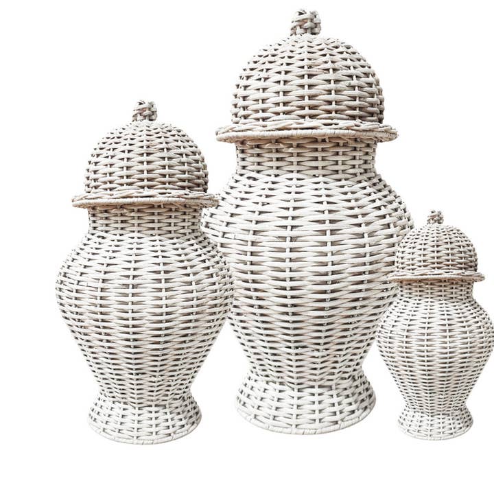 White Round Wicker Jar for wholesale by The Enchanted Home