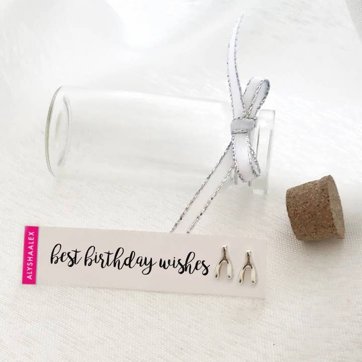BEST BIRTHDAY WISHES - MESSAGE IN A BOTTLE STUDS for wholesale by ALYSHAALEX