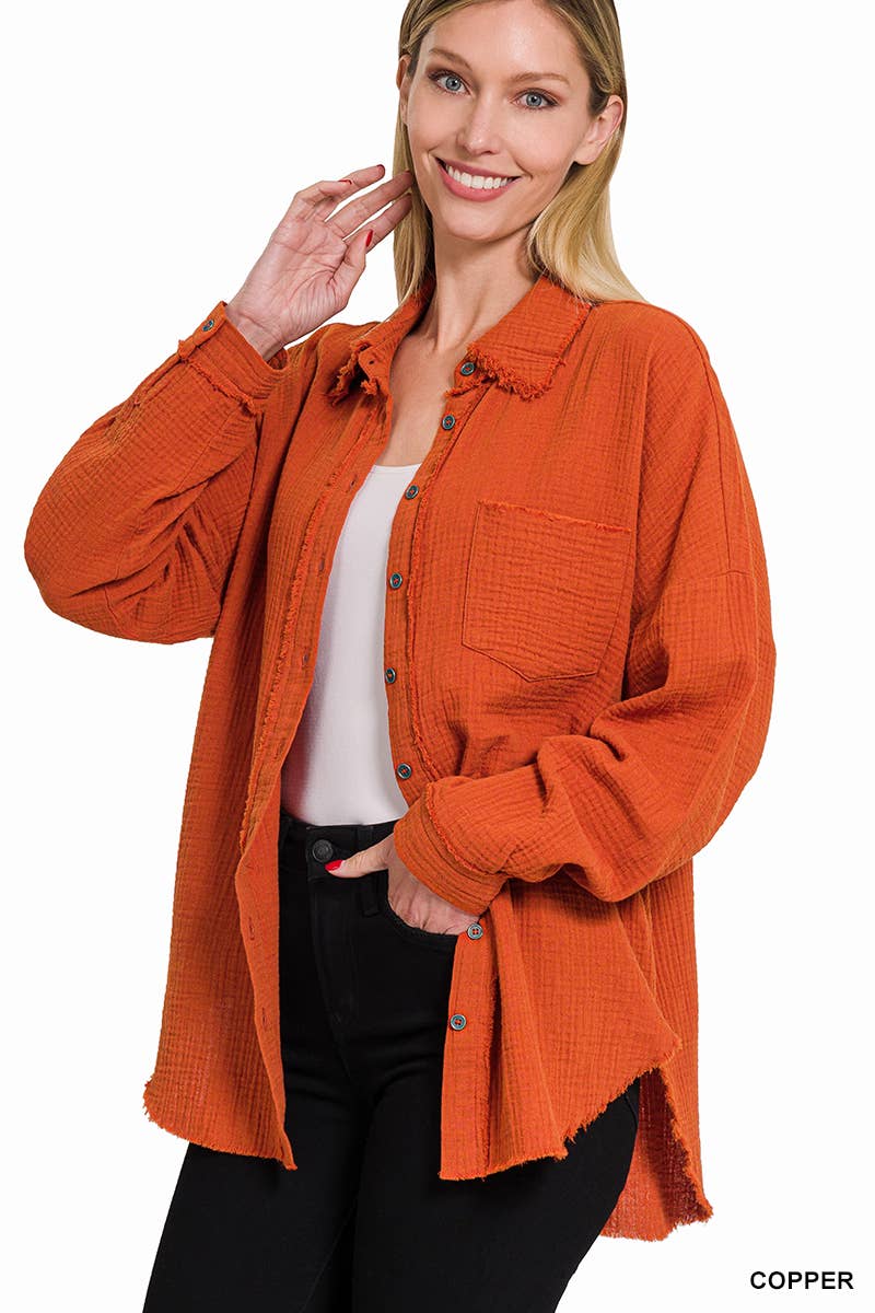 42POPS - Wholesale Button Down Shirt - Women's - `.Oversized Raw Edge Shirt W/ Back Patch43