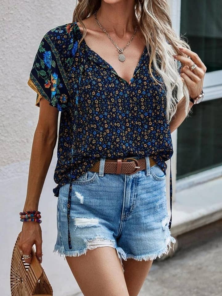 NINEXIS - Wholesale Blouse - Women's - CWTBLS1117_CASUAL BOHO V-NECK SHORT-SLEEVED SHIRT TOP