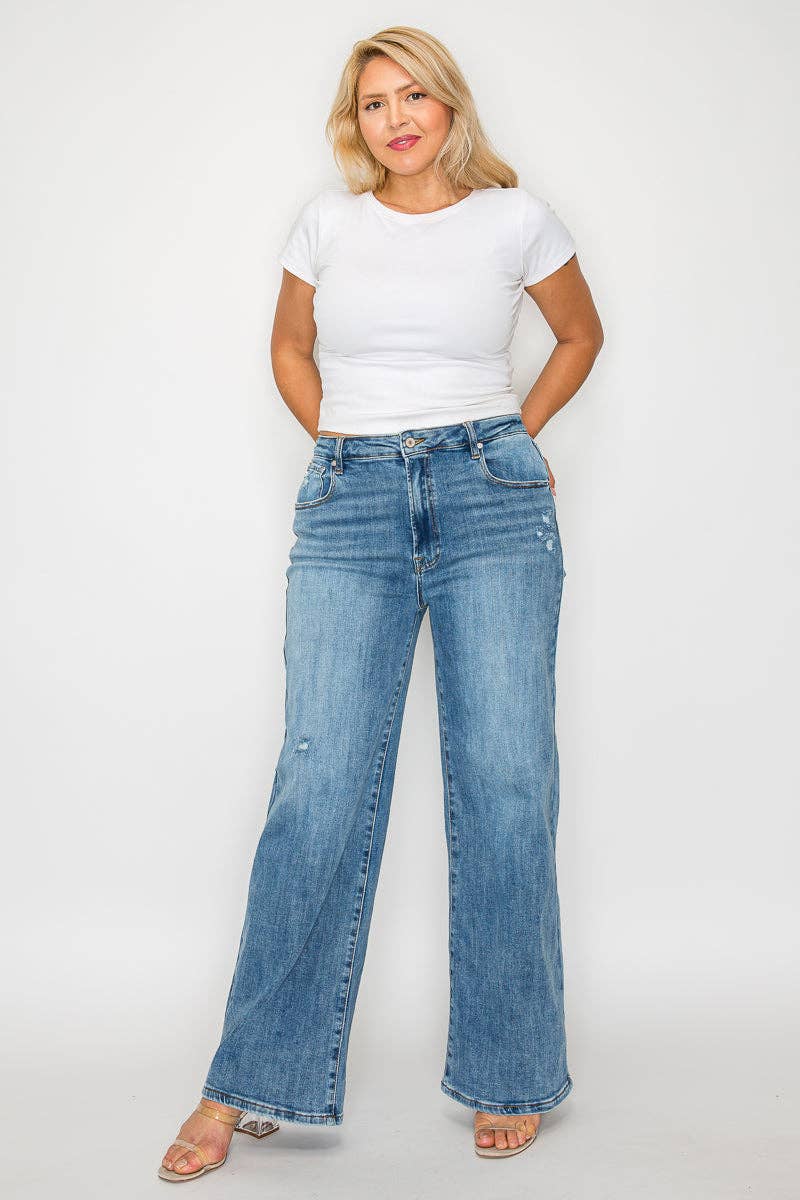 Blå Jeans med høj talje og vide ben i plus size #BT5016X for engroshandel på Faire15