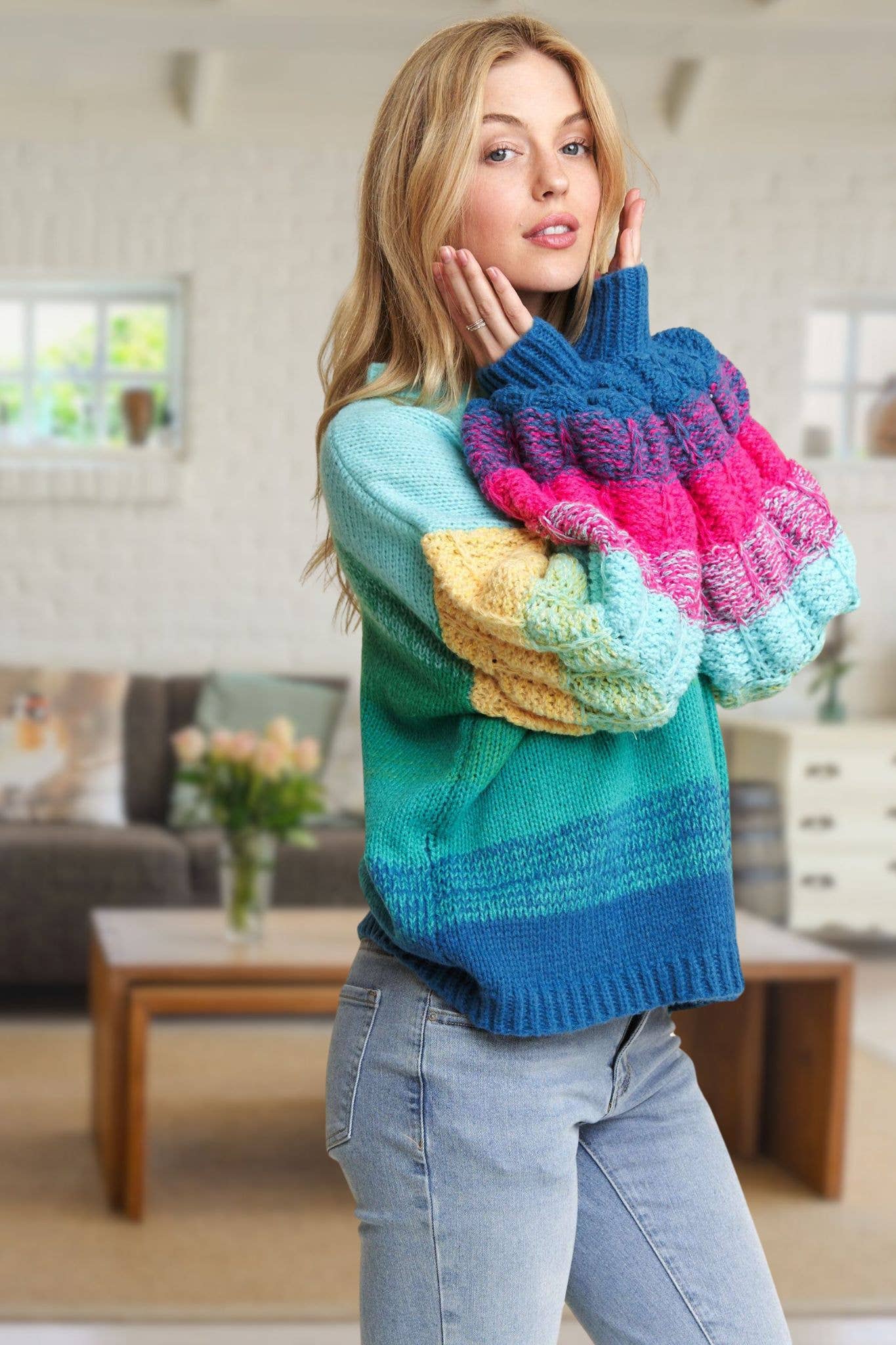 ADORA LA - Wholesale Knit Sweater - Women's - CESW3600 - PUFF SLEEVE OMBRE SWEATER TOP8